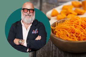 andrew zimmern photo with a background of shredded carrots 