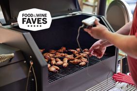 Person holding a thermometer using a Yoder Smokers YS6405 pellet grill to cook chicken wings