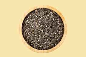 Bowl of Chia seeds on a yellow background