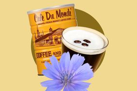 A photo composite of a can of Cafe du Monde, chicory flowers and an espresso martini