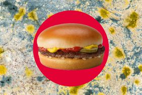 A McDonald's hamburger in a photo composite with moldy bread. 