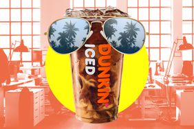 A Dunkin' ice coffee wearing sunglasses in a photo composite with a scene of an office. 