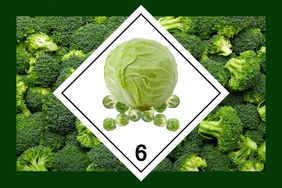 A head of cabbage and Brussels sprouts forming a skull and crossbones in a toxic sign. 