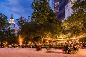 A view of outdoor dining at night in Manhattan 