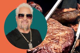 Guy Fieri and an image of grilled tri tips in a photo composite. 