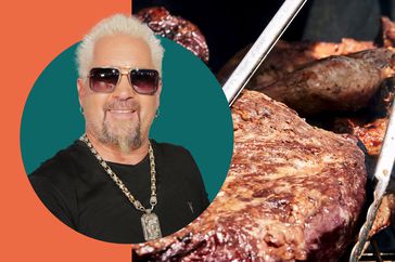 Guy Fieri and an image of grilled tri tips in a photo composite. 