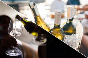 A glass of white wine being poured next to an image of bottles of white wine in an ice bucket.