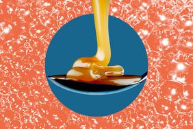 Caramel being poured onto a spoon in a photo composite with bubbling caramel. 