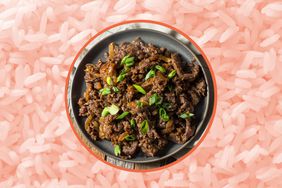 Bulgogi in a photo composite with a photo of cooked rice. 