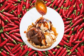 A photo composite of red chili peppers and Jeni's ice cream with Fly by Jing chili crisp.