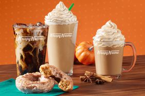 A Krispy Kreme Pumpkin Spice donut and coffee drinks.