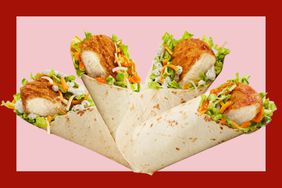 Assorted McDonald's Snack Wraps over a red and pink background. 