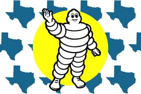 The Michelin Man in a composite with silhouettes of the state of Texas. 