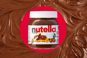 A jar of Nutella in a photo composite with a chocolate spread background. 