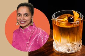 Chef Maneet Chauhan and an Old Fashioned cocktail in a photo composite. 