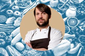 Chef Rene Redzepi in a photo composite with various food ingredients. 