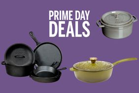 Collage of three cast iron cookware Prime Day deals on a purple background