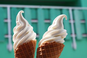 Two soft-serve ice cream cones.