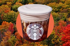 A Starbucks drink in a photo composite over fall foliage. 