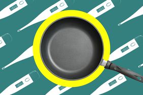 A non-stick pan in a photo composite with thermometers.