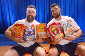 Jason and Travis Kelce with five boxes of General Mills cereals.