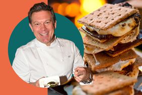 Tyler Florence and a pile of s'mores in a photo composite. 