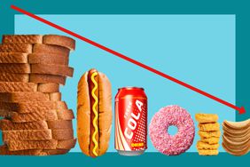 A few ultra processed foods including bread, a hot dog, soda, donut, chicken nuggets and potato chips with a red downward arrow.