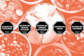 Nutrition warning symbols in Spanish in a photo composite over bowls of chips, crackers, and candies. 