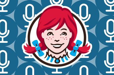 The Wendy's logo in front of a background of microphone icons.