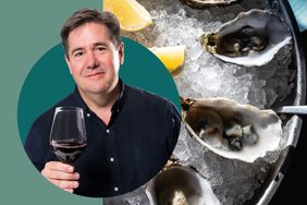 Ray Isle with a glass of wine in a photo composite over a tray of oysters and ice. 