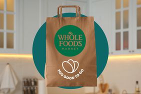 A paper grocery bag with a Whole Foods and a Too Good To Go Logo in a composite over a kitchen.